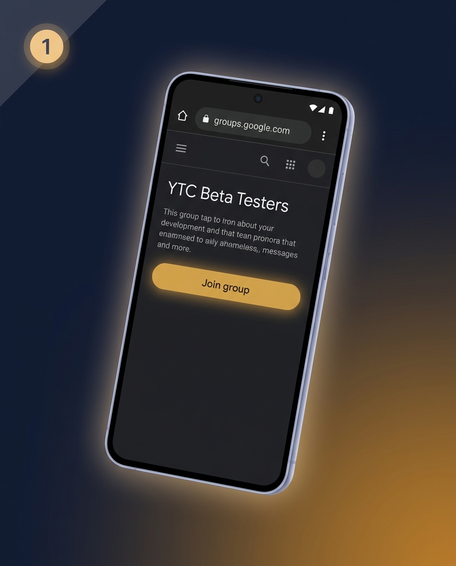 A phone showing the YTC Beta Testers Google Group page with a glowing Join group button