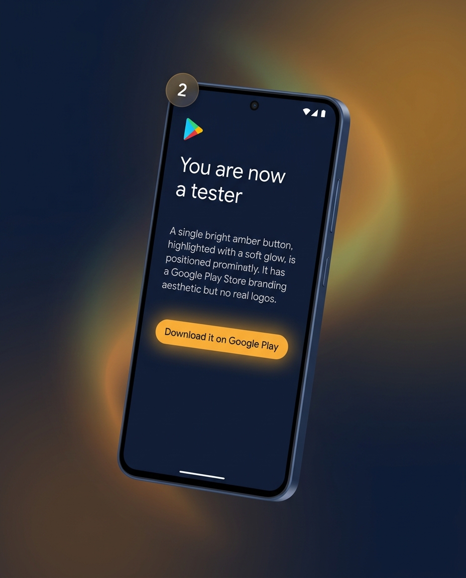 A phone showing the Google Play closed-tester opt-in page with a glowing Download button