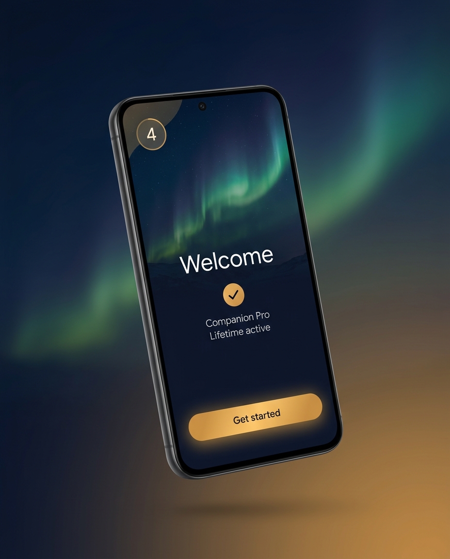 A phone showing the first-launch screen of Your Travel Companion with a Companion Pro Lifetime active badge