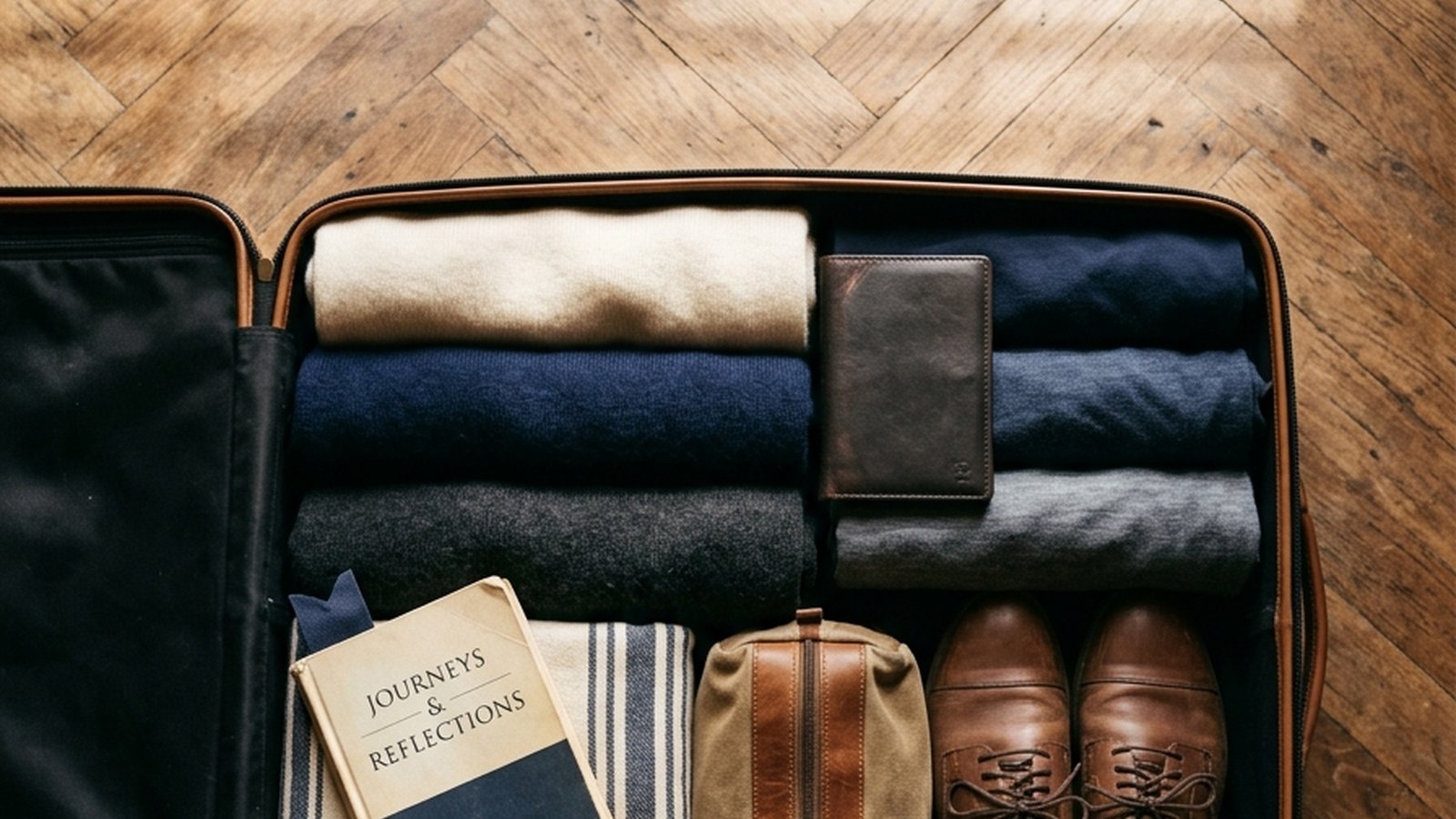 A single open carry-on suitcase on a wooden hostel-room floor with neatly folded merino layers, a passport, a paperback, and a rolled linen towel — warm morning light through slatted shutters