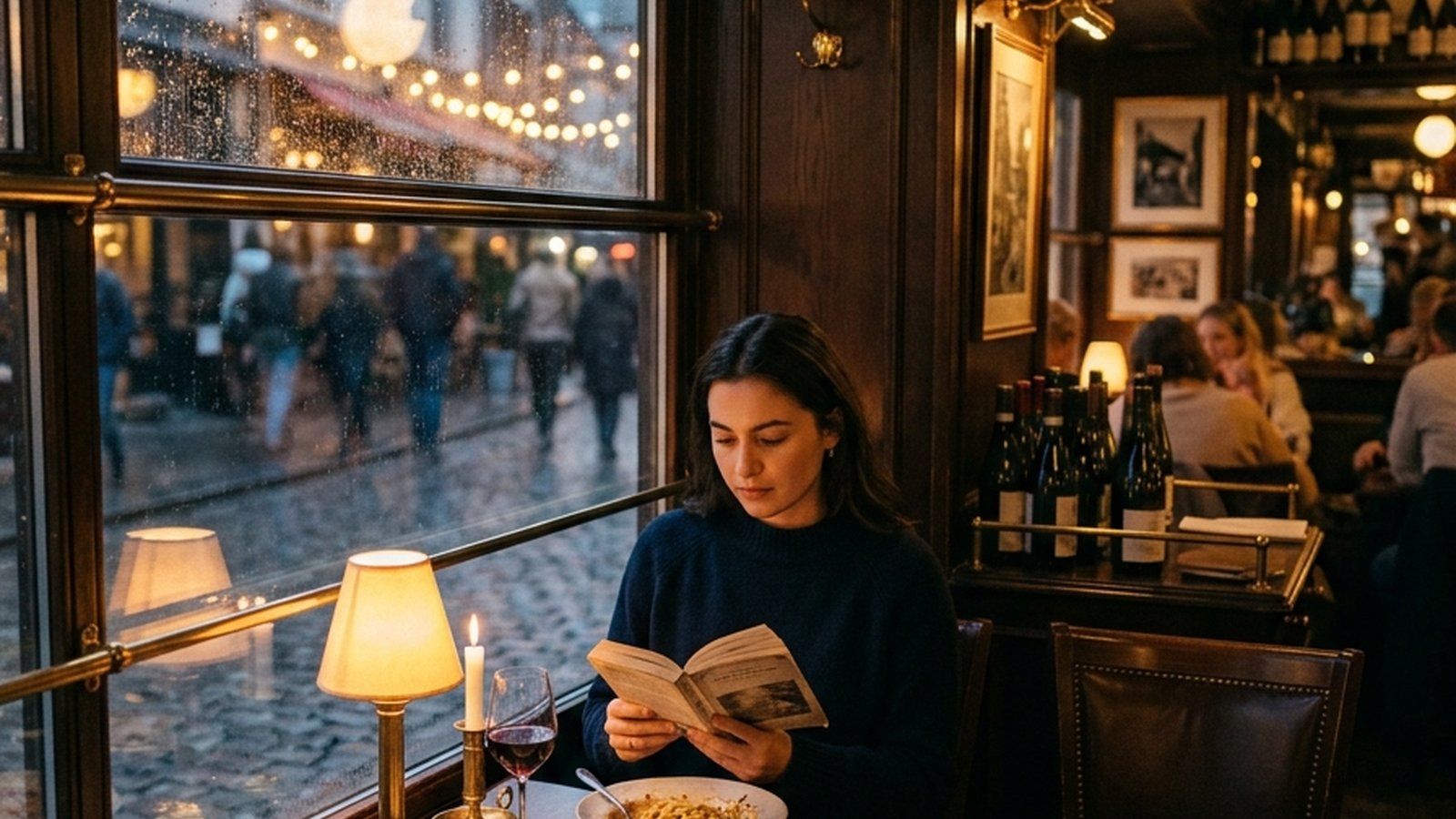 A warm, lamp-lit restaurant scene with a solo diner reading a paperback at a small table by the window, brass fittings and a glass of wine — cinematic magazine photography
