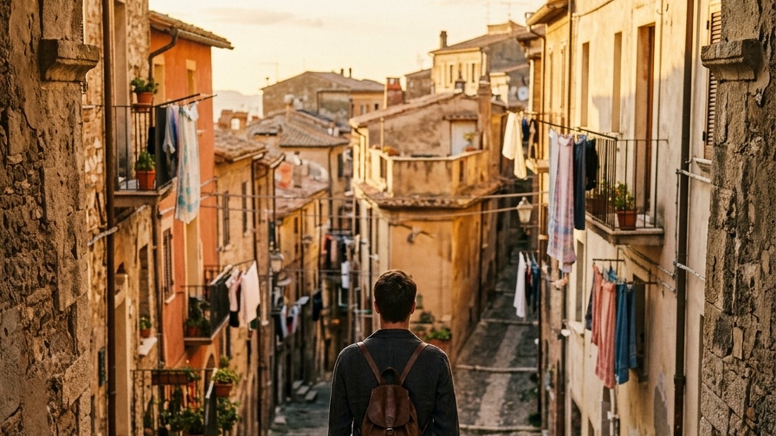 A traveler standing at the top of a stone staircase in an unmapped old town, looking down at four narrow alleys diverging below, soft late-afternoon light