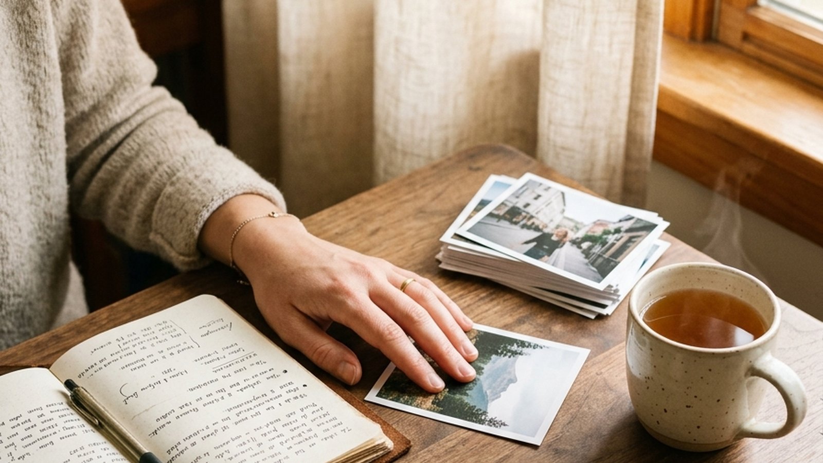 A wooden desk at home in soft morning light with an open journal, printed photos in a small stack, a mug of tea, and a small memento — a shell, a pressed leaf, a train ticket — a person's hand resting on the photos