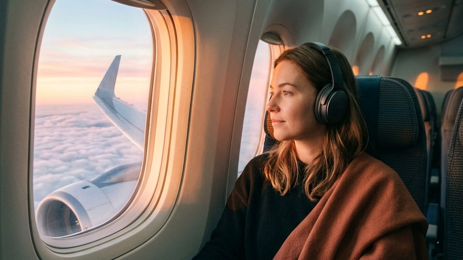 A traveler looking out an airplane window at pale golden sunrise clouds above the wing — cinematic film photography