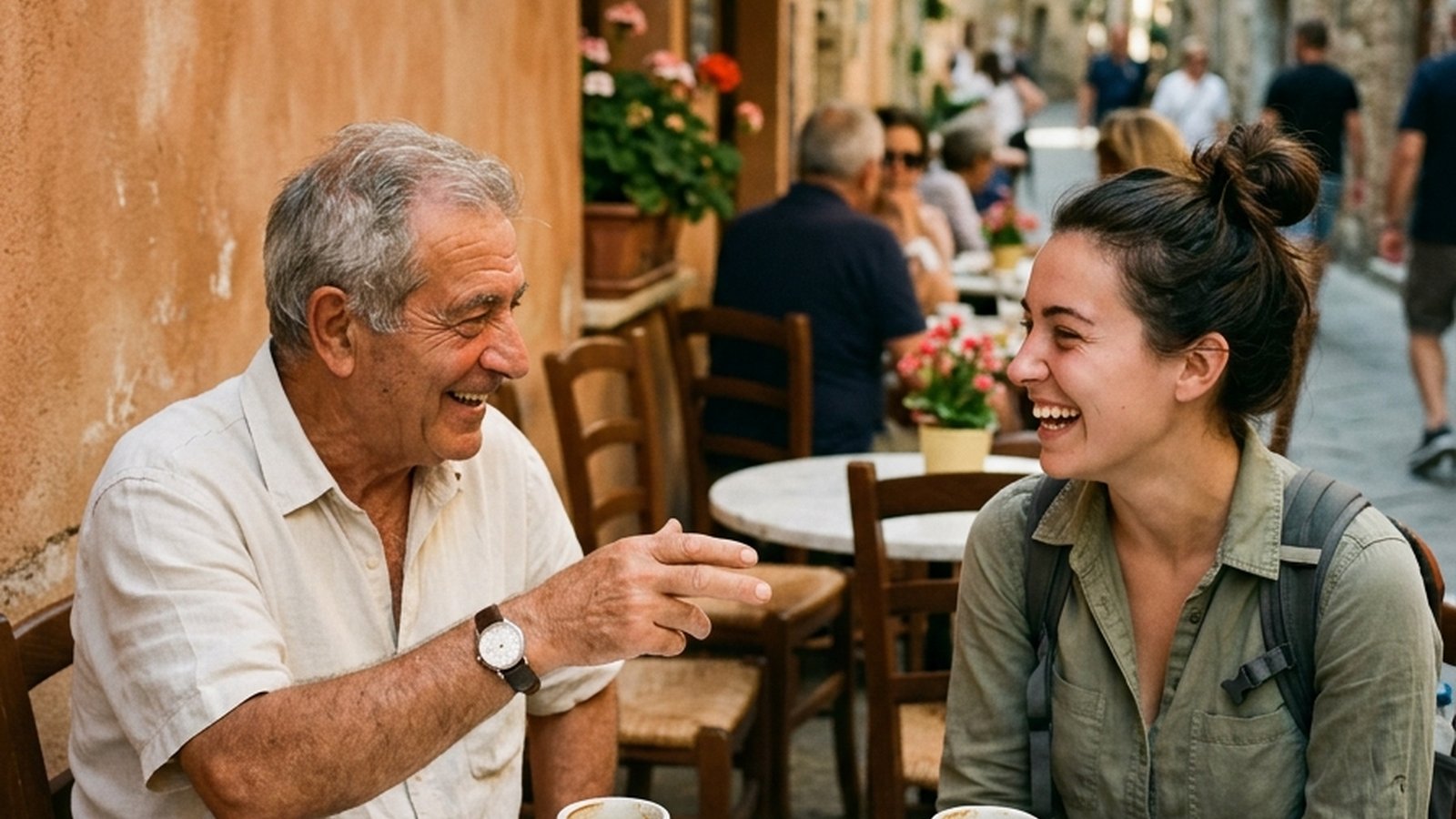 Two travelers at a small streetside cafe laughing over an open guidebook and gestured hands, warm afternoon light — cinematic