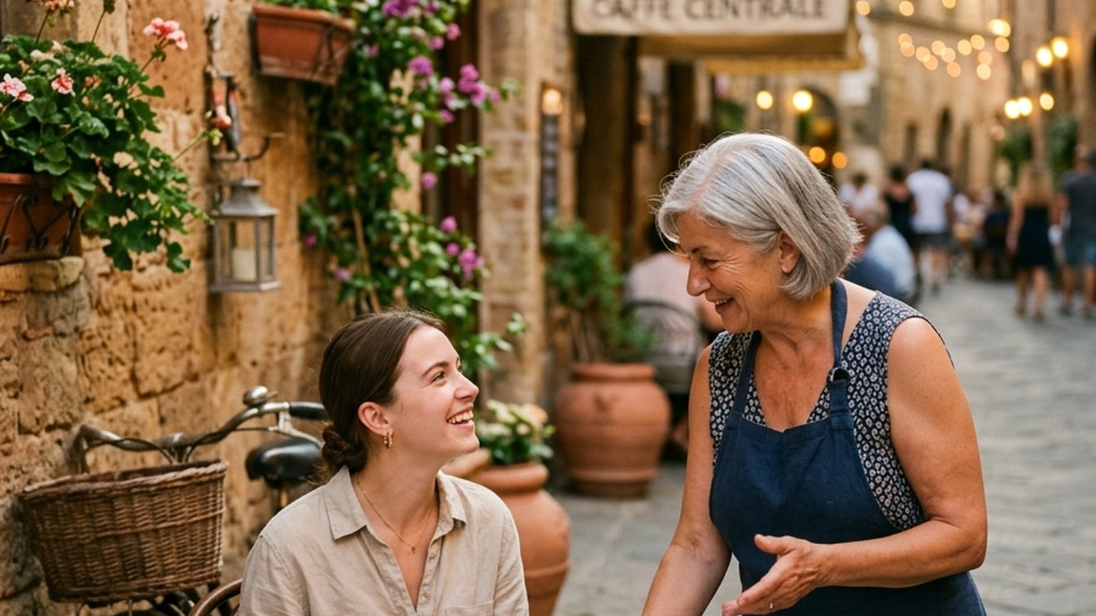 A traveler sitting at a familiar café terrace in a European old town at golden hour, being warmly greeted by the owner, a coffee already on the table, cobblestones and warm walls behind