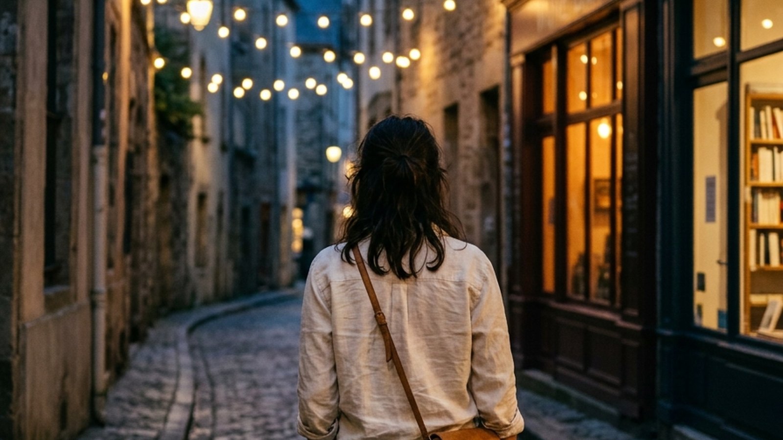 A twilight cobblestone lane in an old European city, warm windows glowing, a solo traveler walking with a small shoulder bag under strings of lights — cinematic film photography